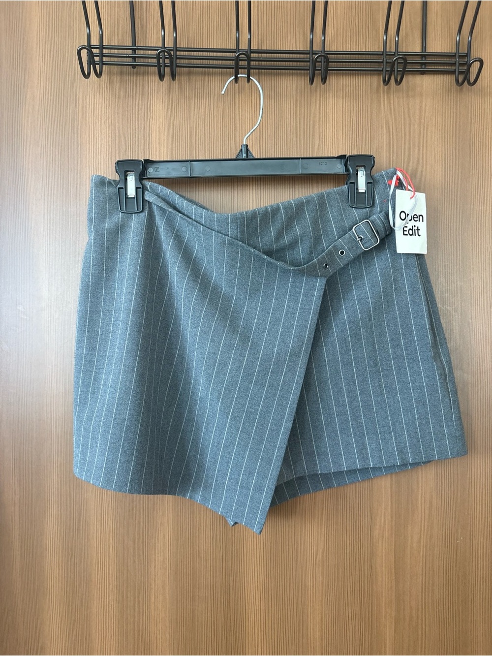 Open Edit Women's Gray Pinstripe Wrap Skort